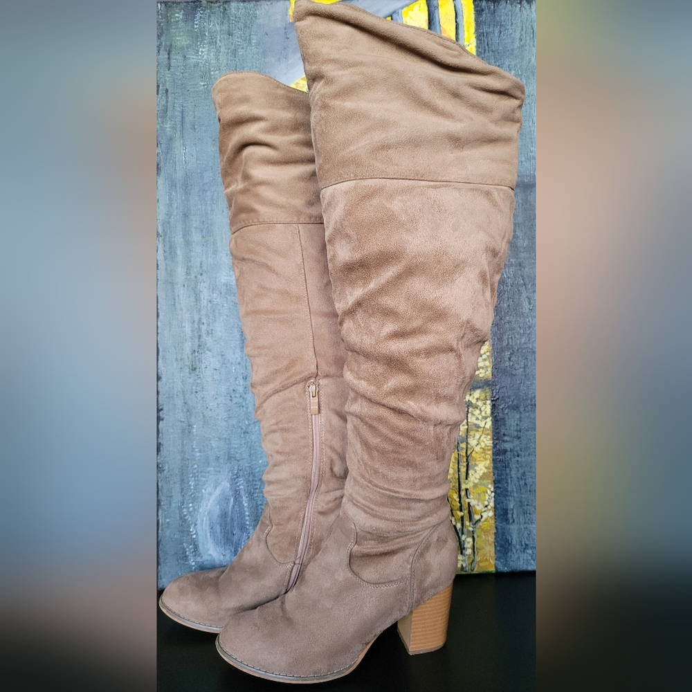 Taupe Suade Wide Calf Thigh High Boots Size 9
